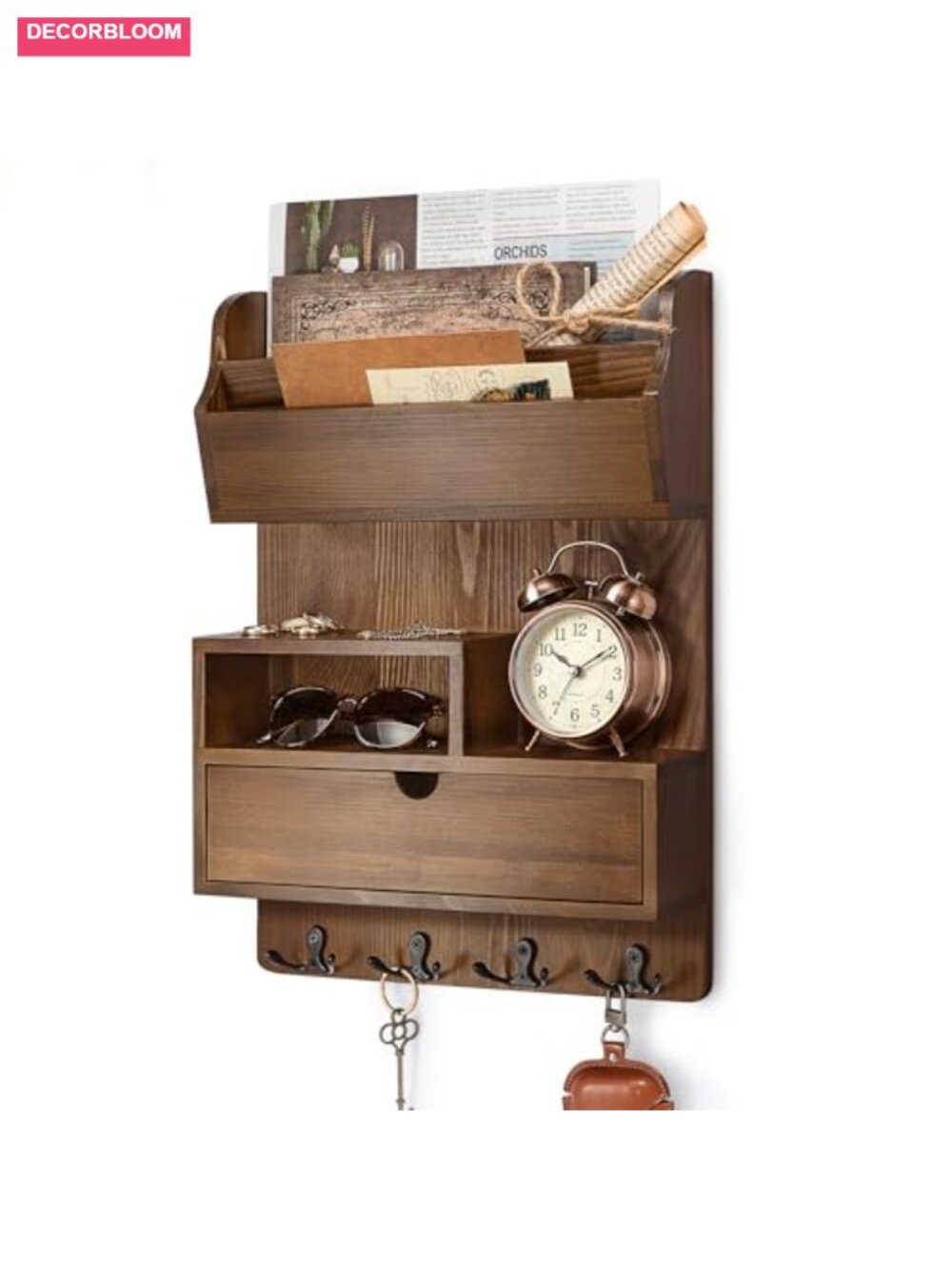 Pine Wood Key Holder Wall Mount with Drawer & 4 Hooks Farmhouse